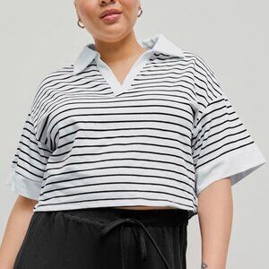 Cider White Black Contrast Striped Collar Short Sleeve Tee Curve & Plus Prep XL